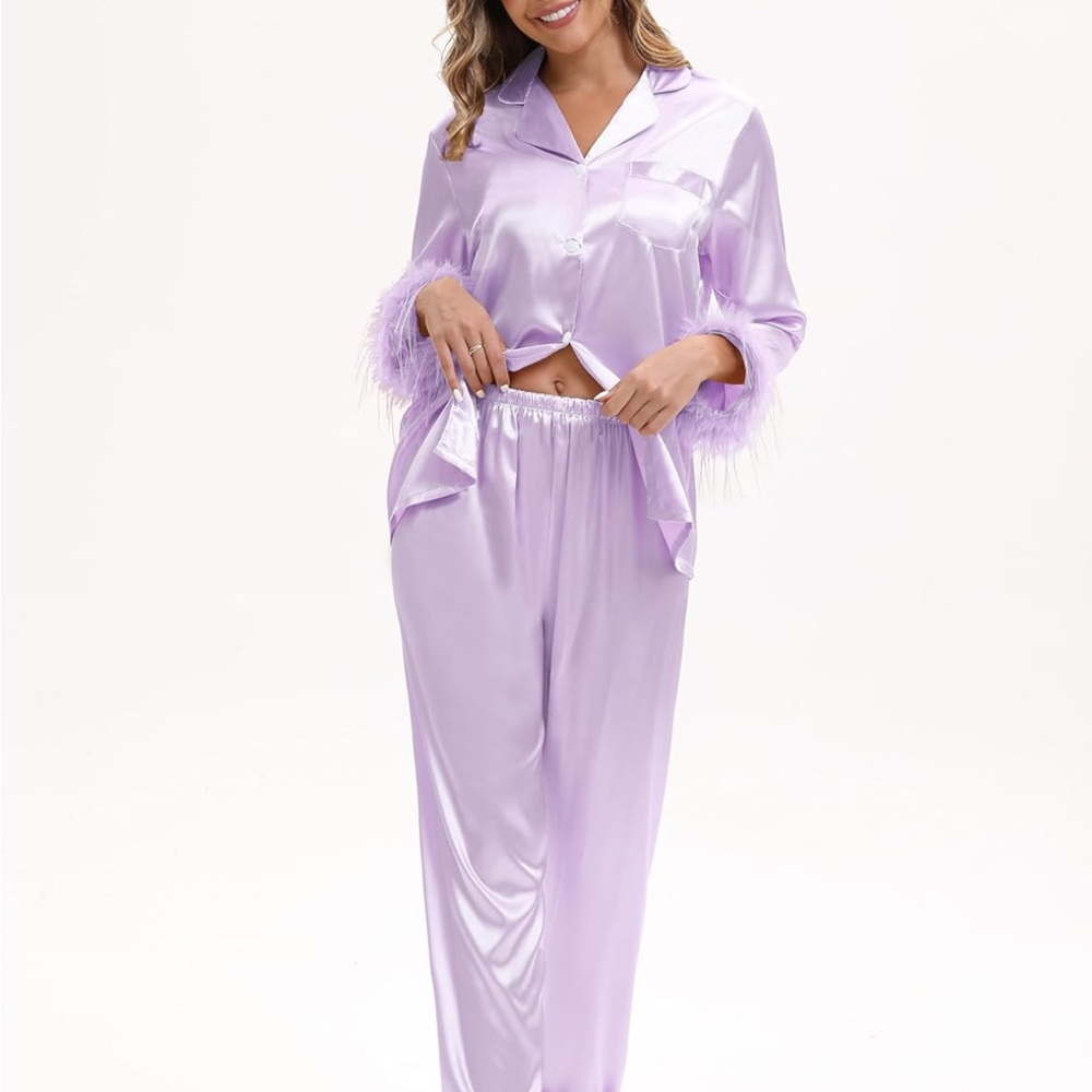 Lavender Satin Feather-Trim Pajama Set - Women Intimates & Sleepwear